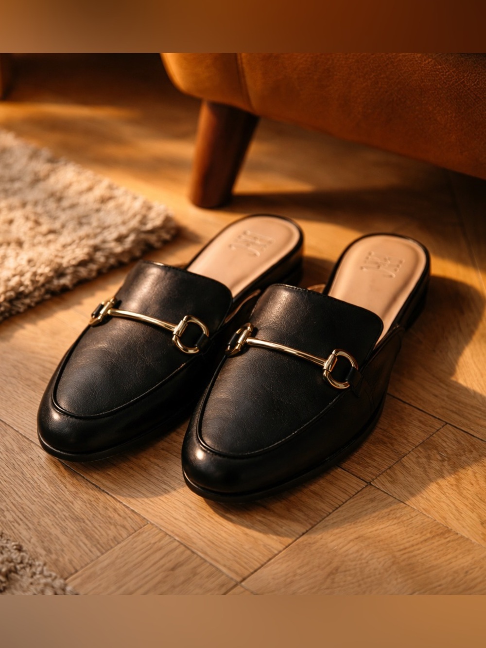 INC International Concepts Black Leather Slip-On Mules with Gold Buckle Size 9m